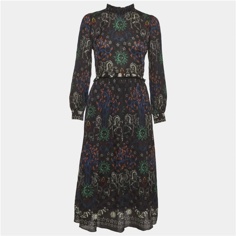 Sandro Paris Celestial Zodiac Ruffled Trim Grassette Midi Dress Black Size XS - Picture 2 of 14
